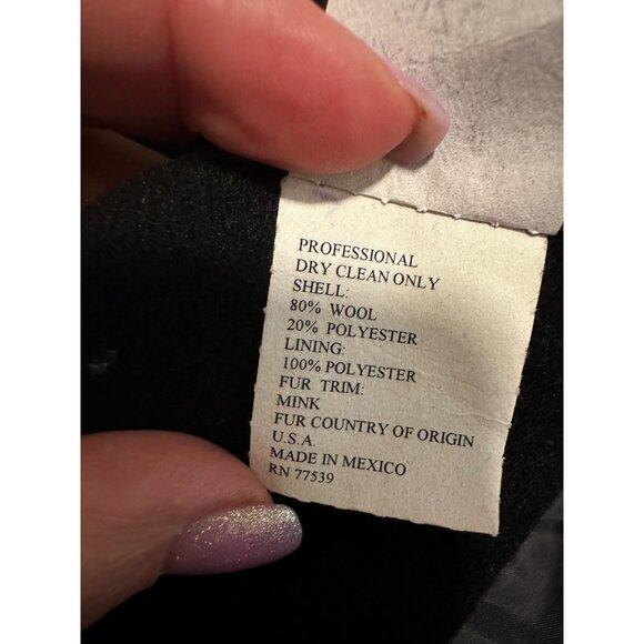 TRILOGI Vtg Coat Cape Wool with Fur Mink Trim Tail Scarf Black One Size Missy - Picture 6 of 7